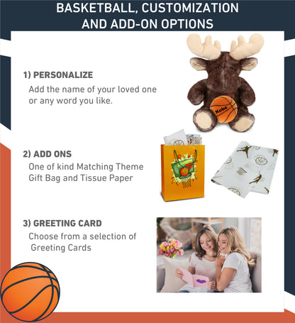 SUPER SOFT PLUSH - BROWNISH SITTING MOOSE WITH BASKETBALL PLUSH