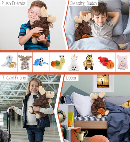 SUPER SOFT PLUSH - BROWNISH SITTING MOOSE WITH BASKETBALL PLUSH