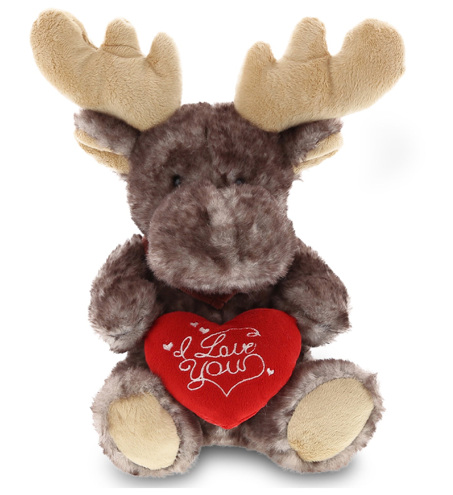 PLUSH I LOVE YOU RED HEART - SUPER SOFT PLUSH - BROWNISH SITTING MOOSE