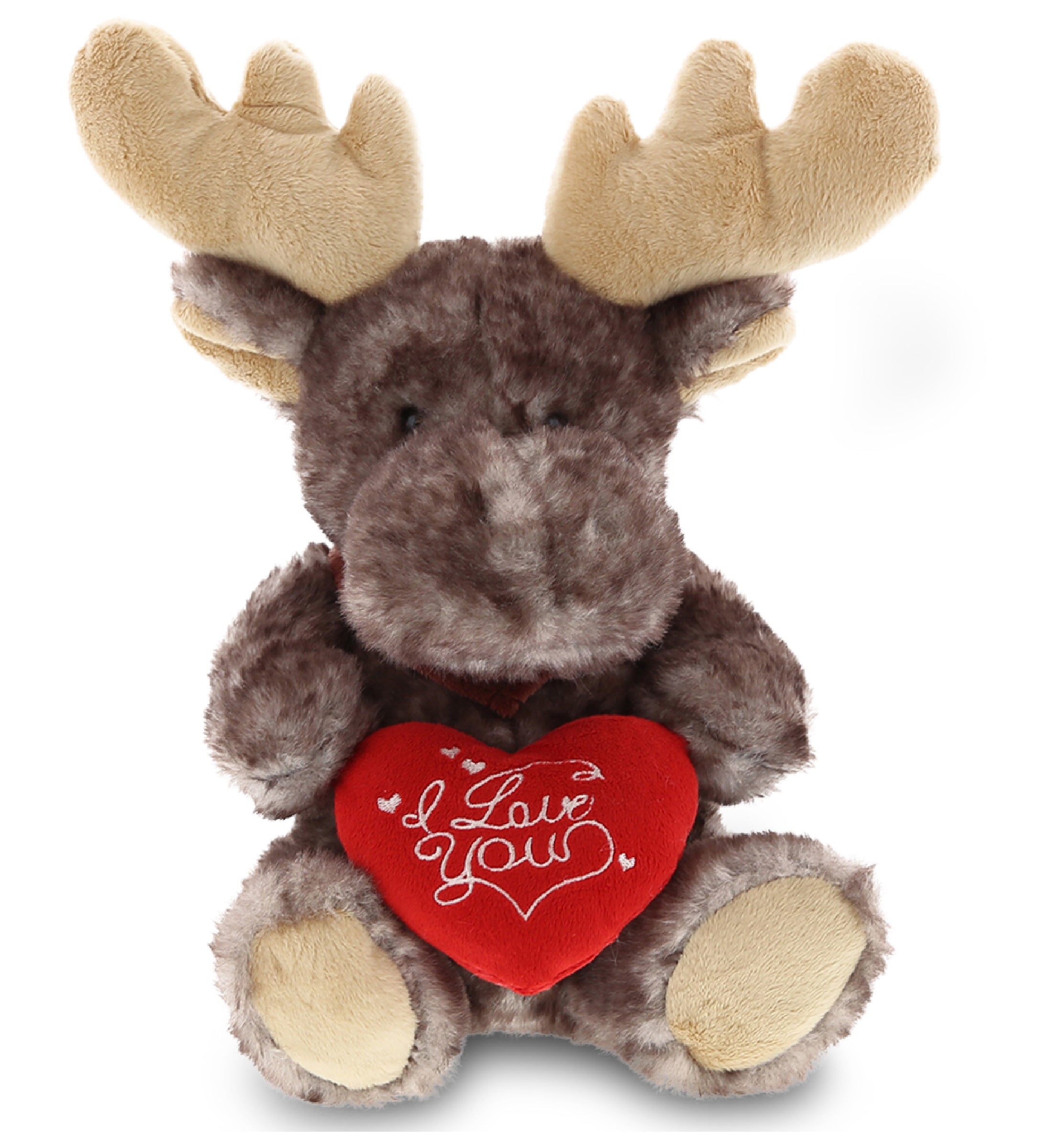 PLUSH I LOVE YOU RED HEART - SUPER SOFT PLUSH - BROWNISH SITTING MOOSE