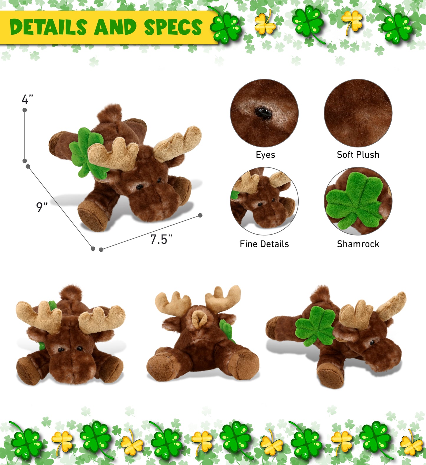 DolliBu Brown Lying Moose Stuffed Animal with Green Plush Shamrock - 9 Inches