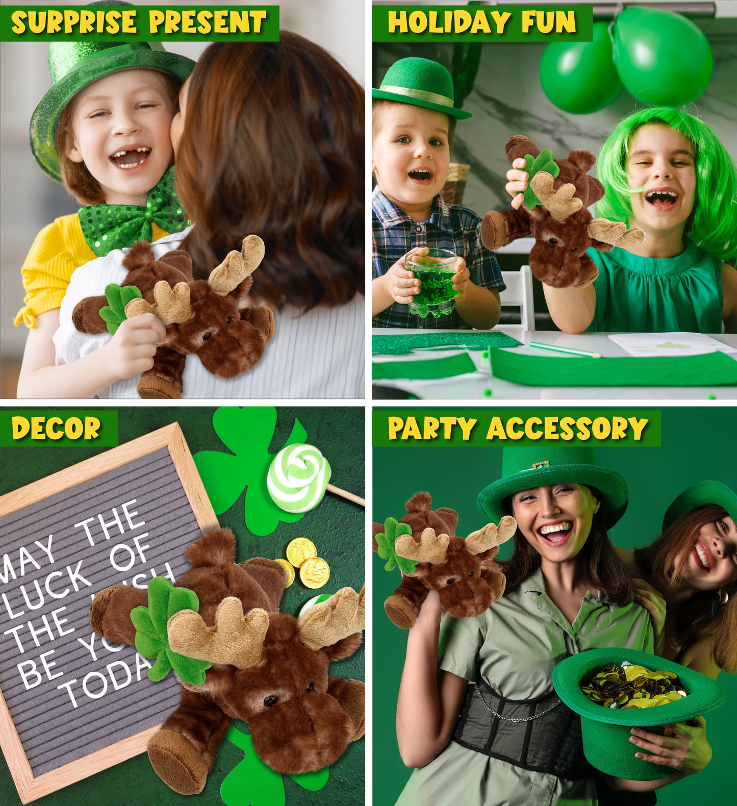 DolliBu Brown Lying Moose Stuffed Animal with Green Plush Shamrock - 9 Inches