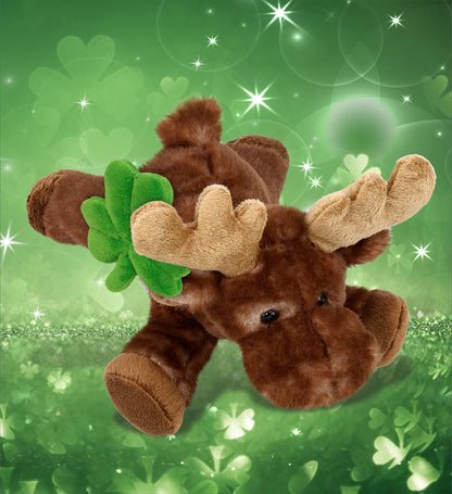 DolliBu Brown Lying Moose Stuffed Animal with Green Plush Shamrock - 9 Inches
