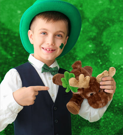 DolliBu Brown Lying Moose Stuffed Animal with Green Plush Shamrock - 9 Inches