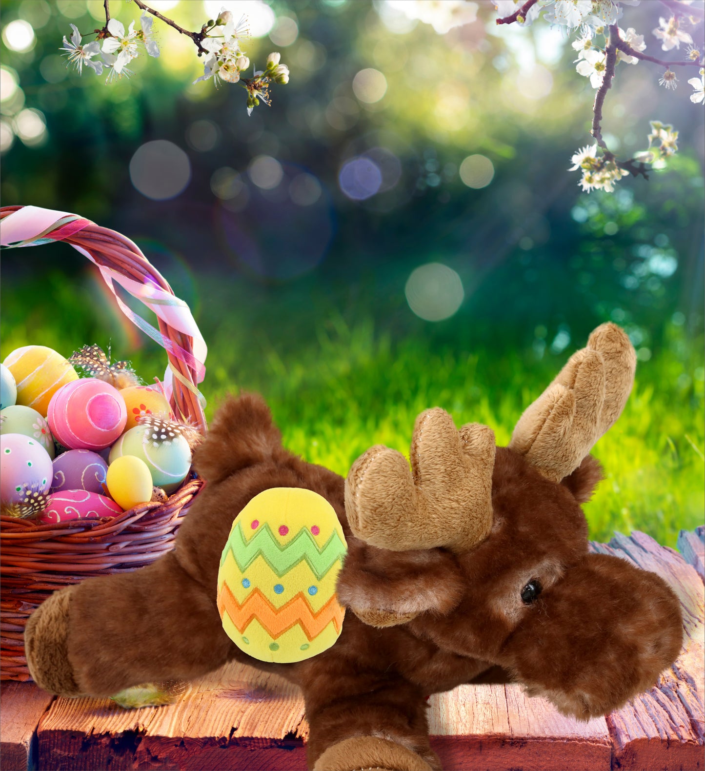 DolliBu Super Soft Brown Lying Moose with Yellow Easter Egg Plush - 9 Inches