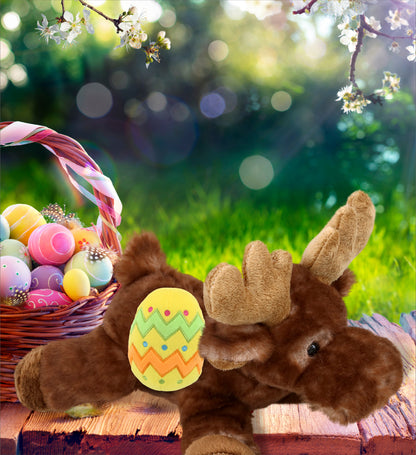 DolliBu Super Soft Brown Lying Moose with Yellow Easter Egg Plush - 9 Inches