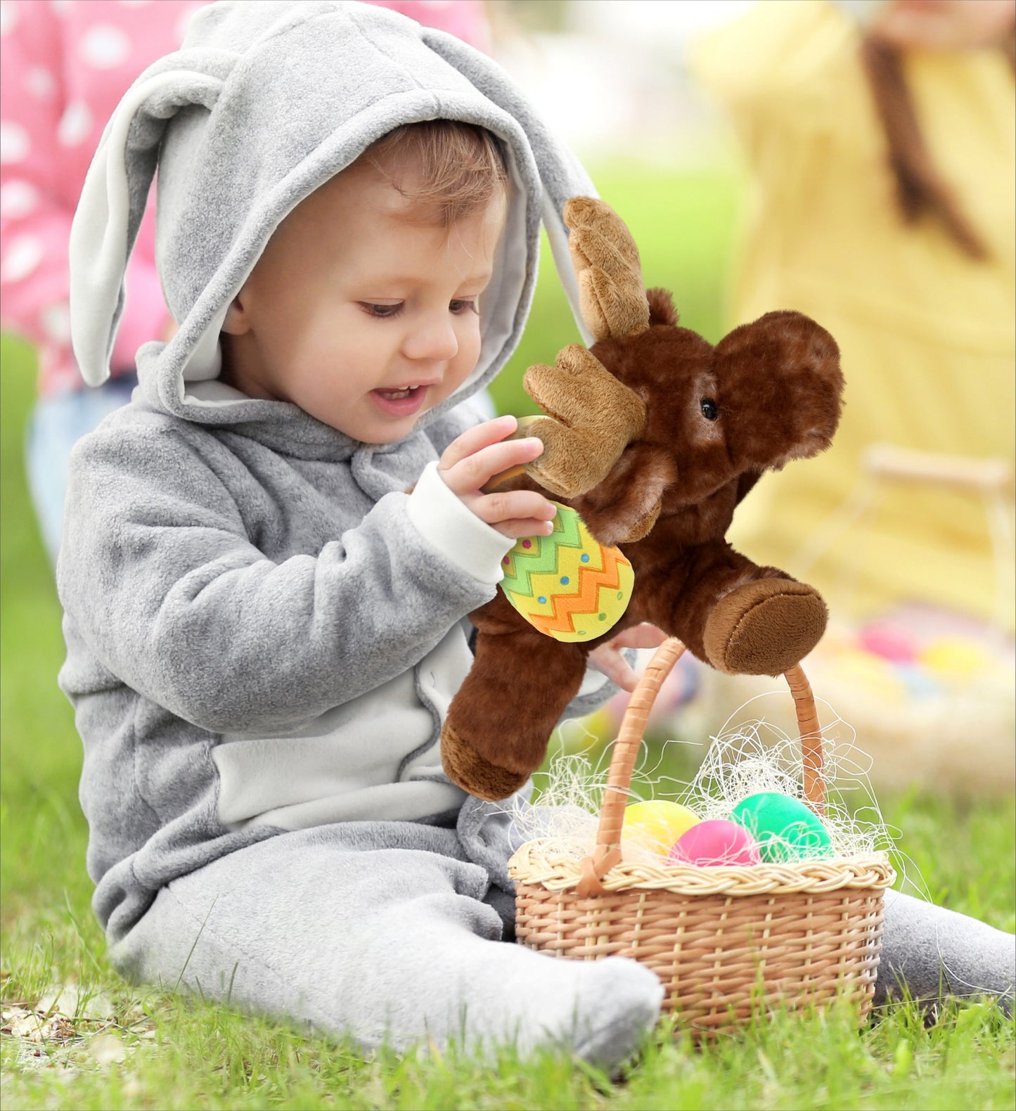 DolliBu Super Soft Brown Lying Moose with Yellow Easter Egg Plush - 9 Inches