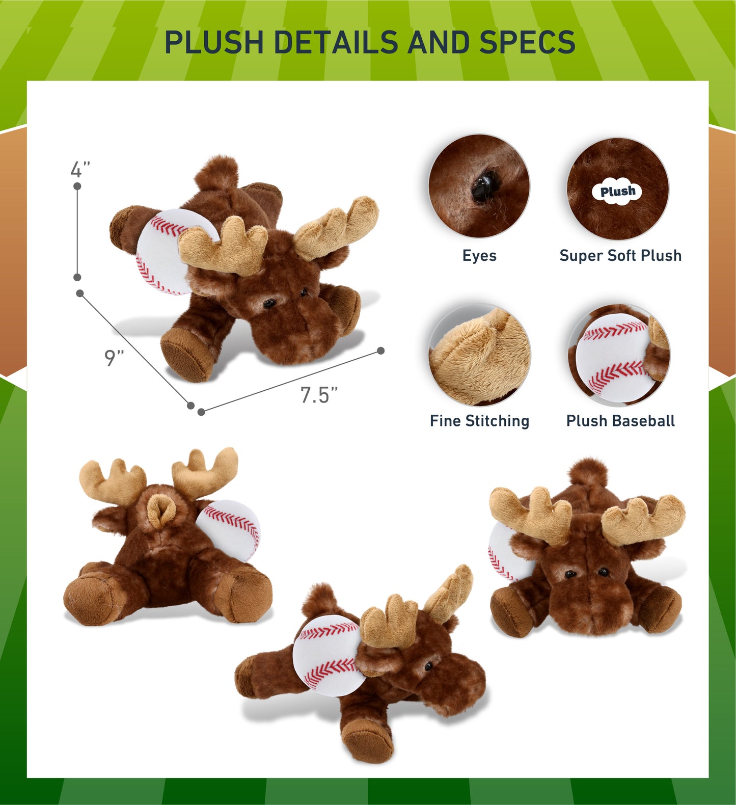 SUPER SOFT PLUSH - BROWN LYING MOOSE WITH BASEBALL PLUSH