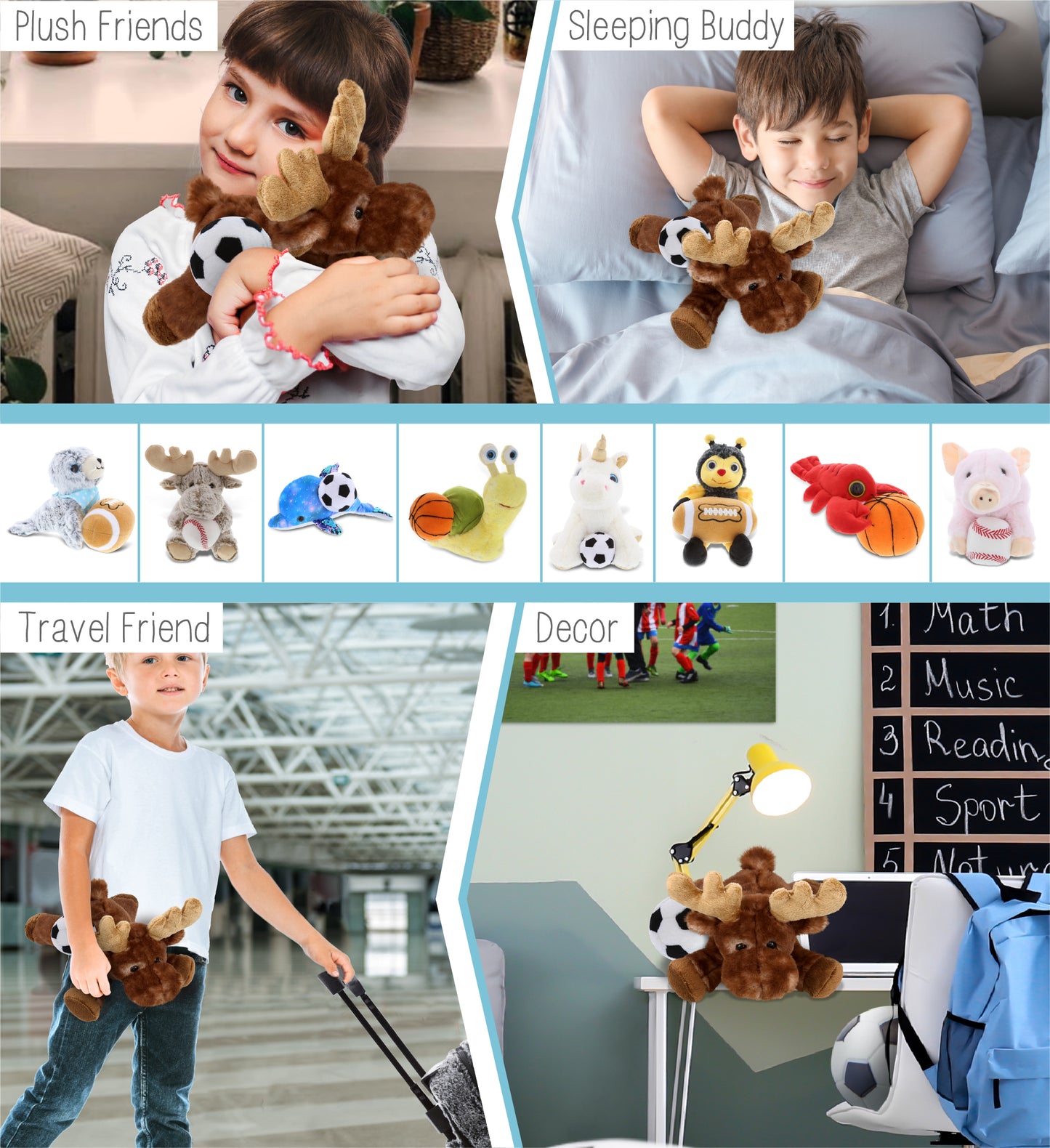 SUPER SOFT PLUSH - BROWN LYING MOOSE WITH SOCCER PLUSH