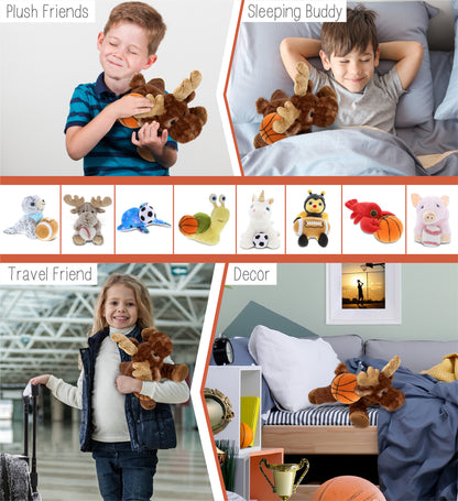 SUPER SOFT PLUSH - BROWN LYING MOOSE WITH BASKETBALL PLUSH