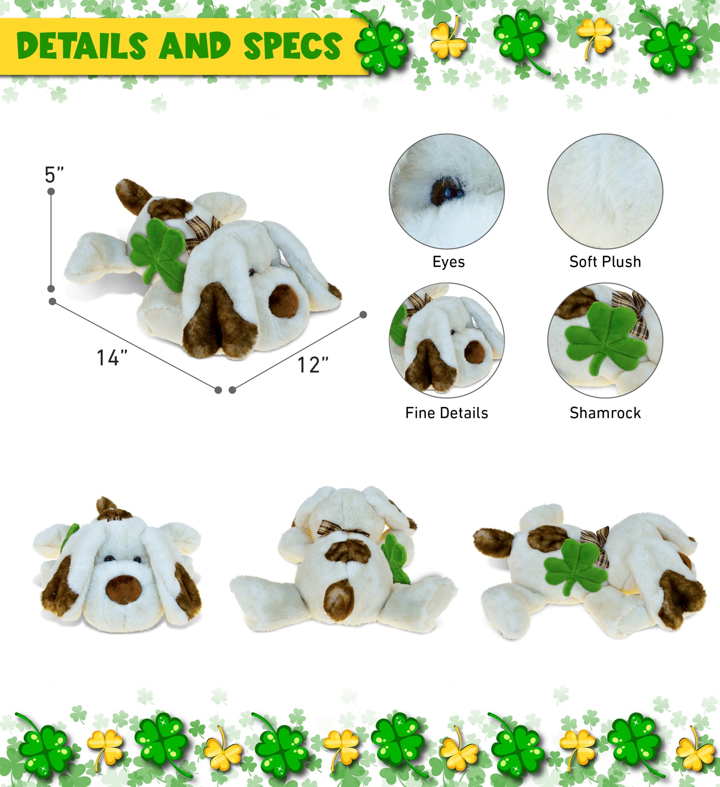 DolliBu Cute Lying Dog Stuffed Animal with Green Plush Shamrock - 14 Inches
