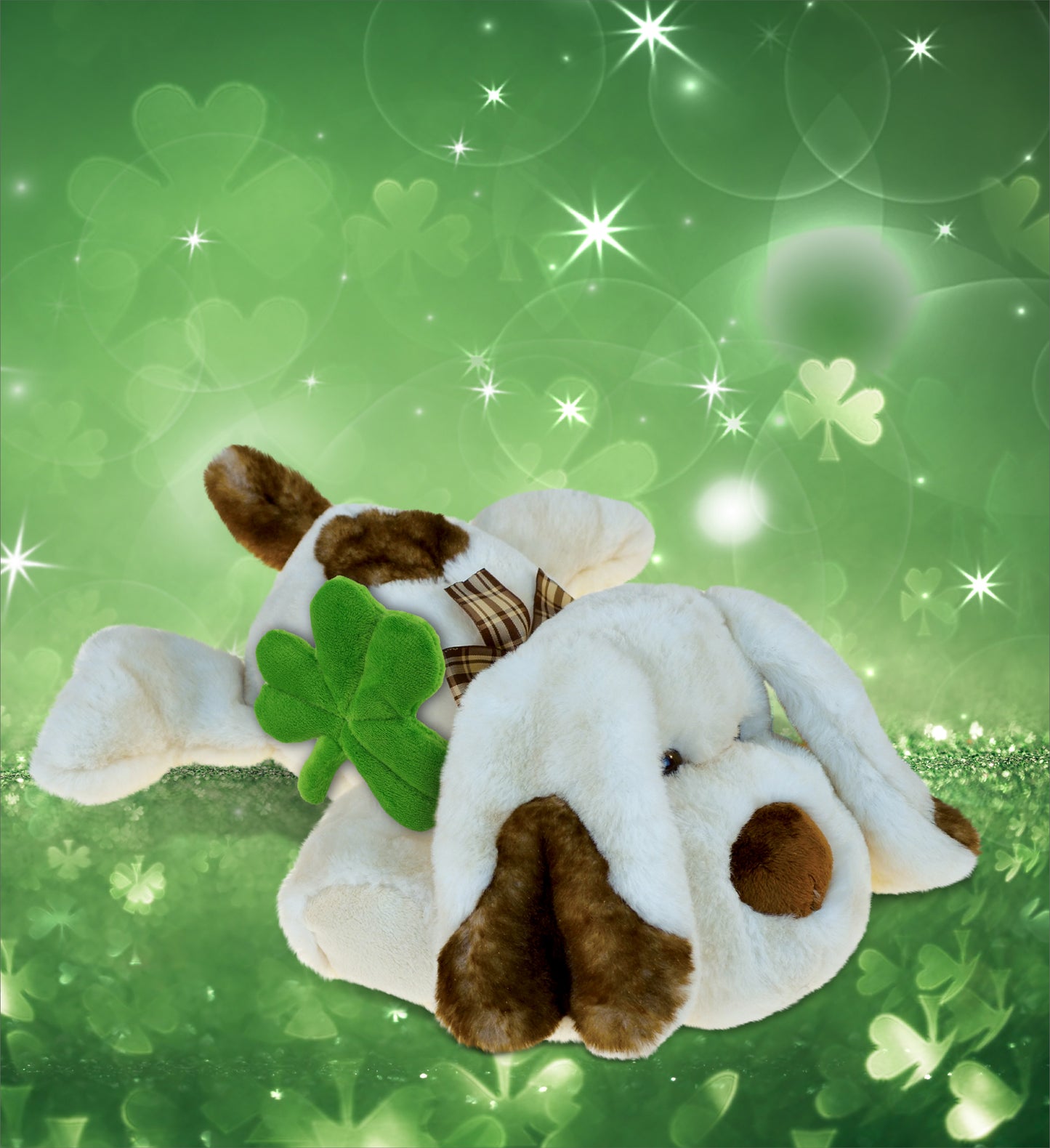 DolliBu Cute Lying Dog Stuffed Animal with Green Plush Shamrock - 14 Inches