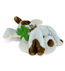 DolliBu Cute Lying Dog Stuffed Animal with Green Plush Shamrock - 14 Inches