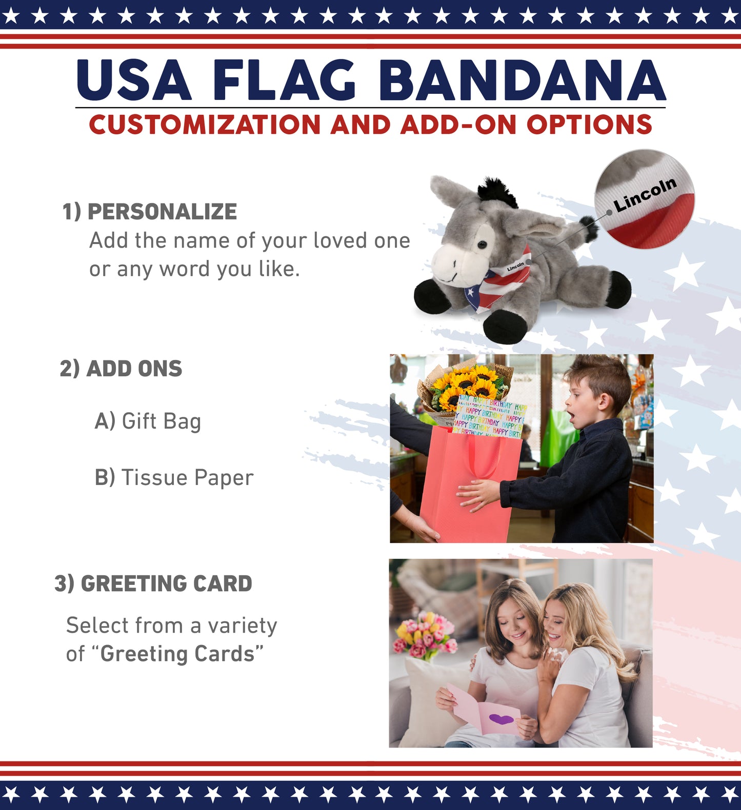SUPER SOFT PLUSH - LYING GREY DONKEY WITH USA FLAG BANDANA