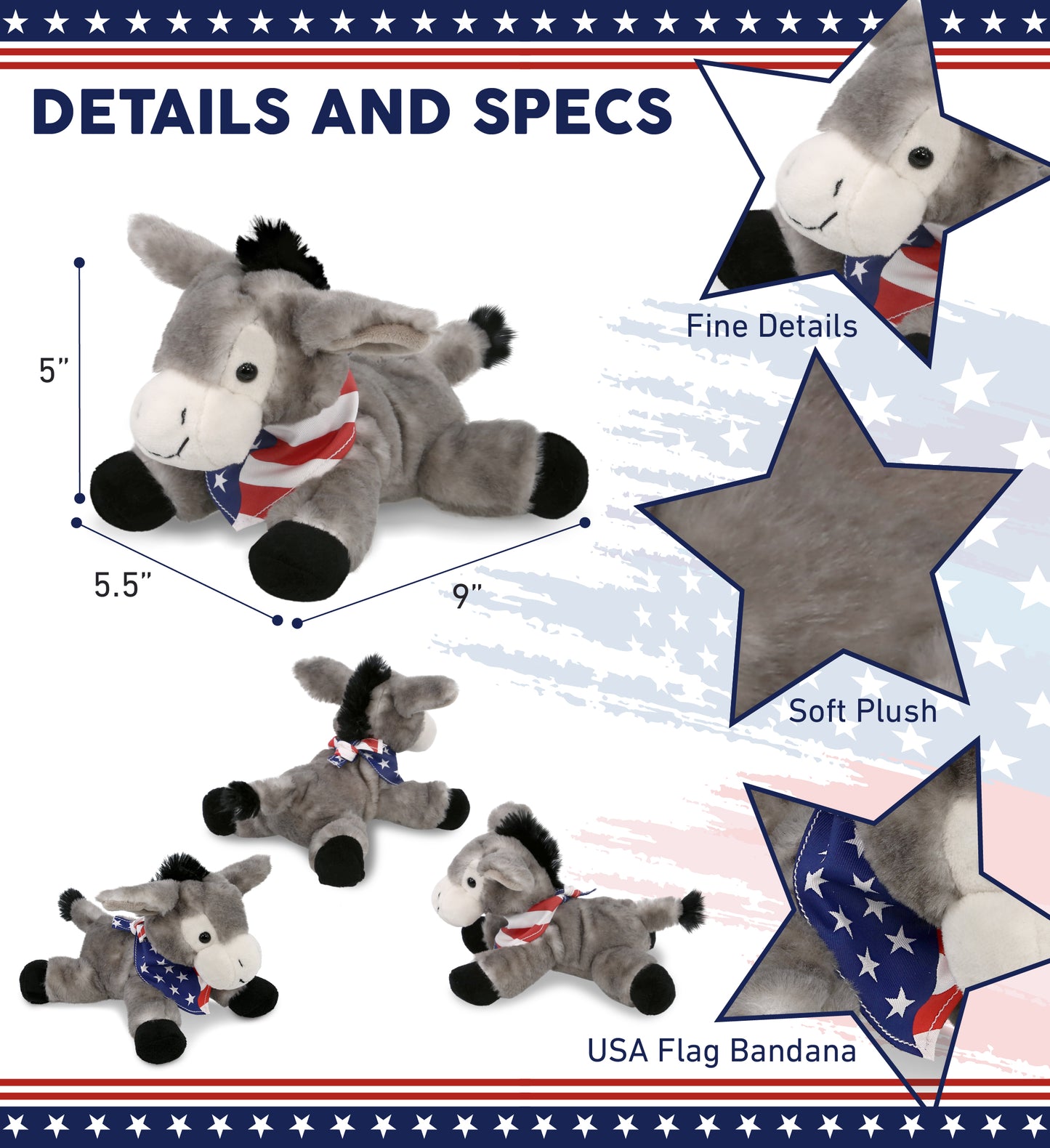 SUPER SOFT PLUSH - LYING GREY DONKEY WITH USA FLAG BANDANA