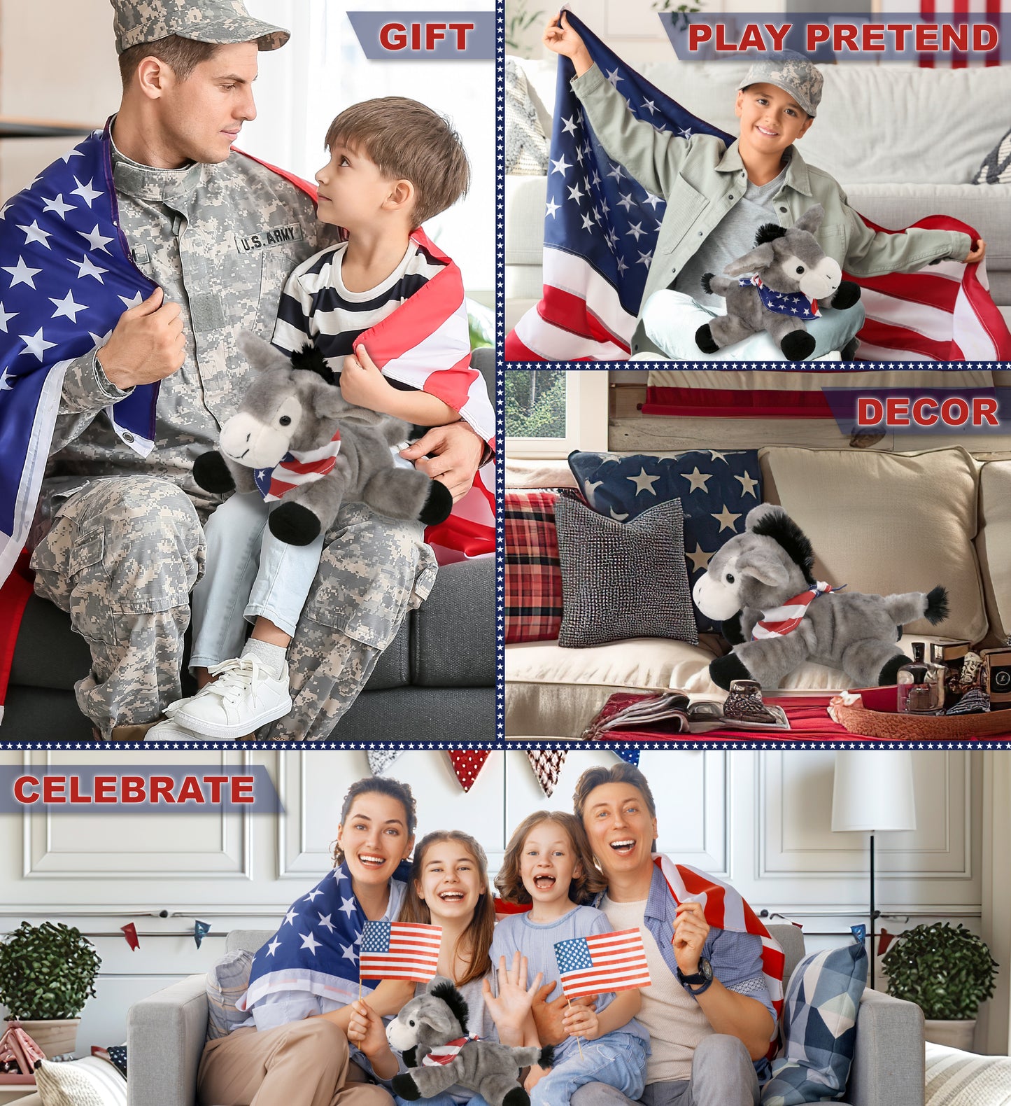 SUPER SOFT PLUSH - LYING GREY DONKEY WITH USA FLAG BANDANA
