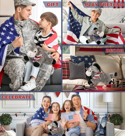 SUPER SOFT PLUSH - LYING GREY DONKEY WITH USA FLAG BANDANA
