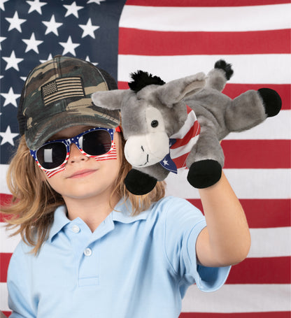 SUPER SOFT PLUSH - LYING GREY DONKEY WITH USA FLAG BANDANA
