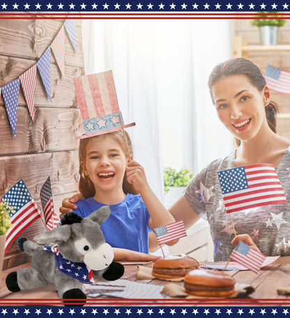 SUPER SOFT PLUSH - LYING GREY DONKEY WITH USA FLAG BANDANA