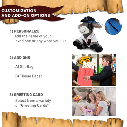 SUPER SOFT PLUSH - LYING GREY DONKEY WITH PIRATE DRESS UP