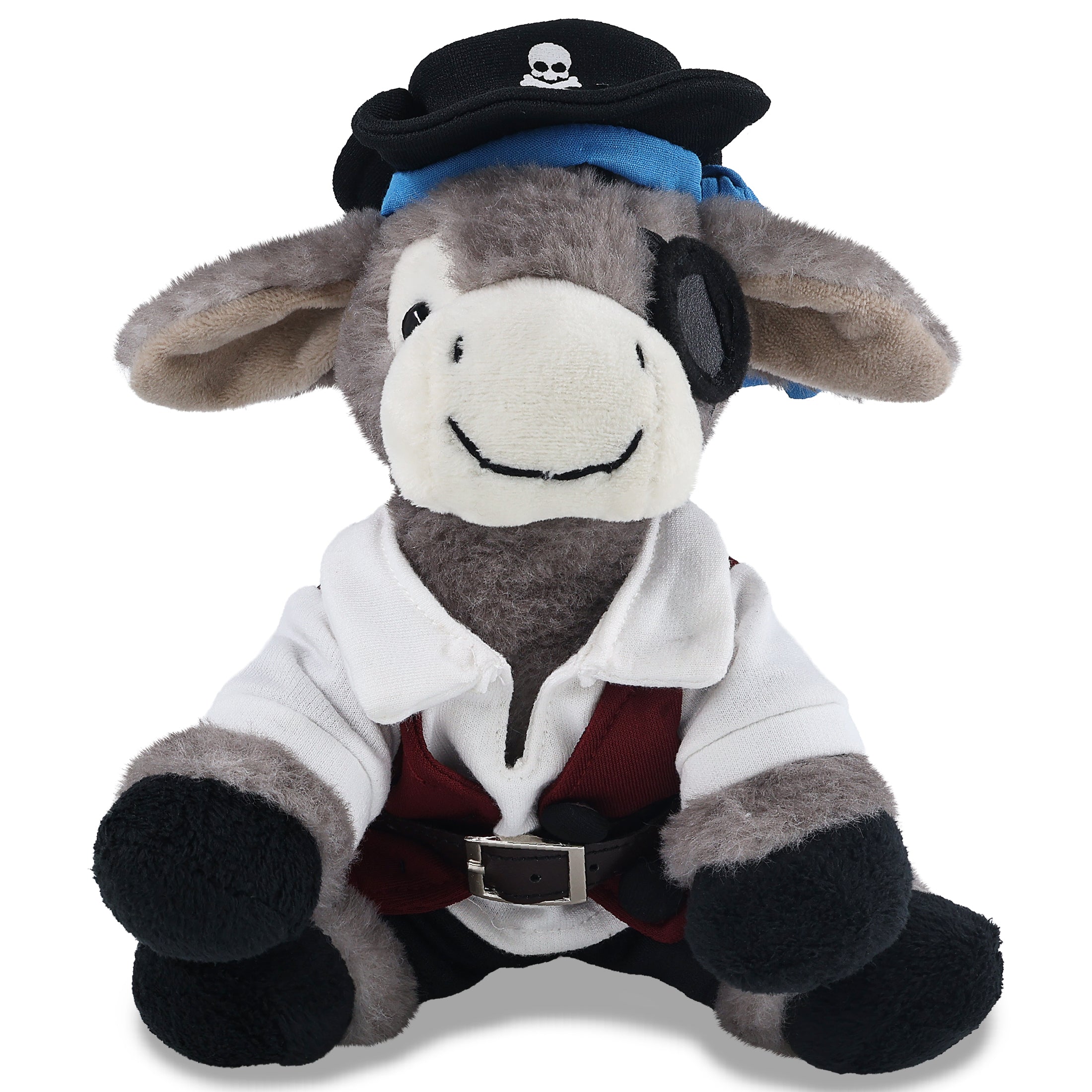 SUPER SOFT PLUSH - LYING GREY DONKEY WITH PIRATE DRESS UP