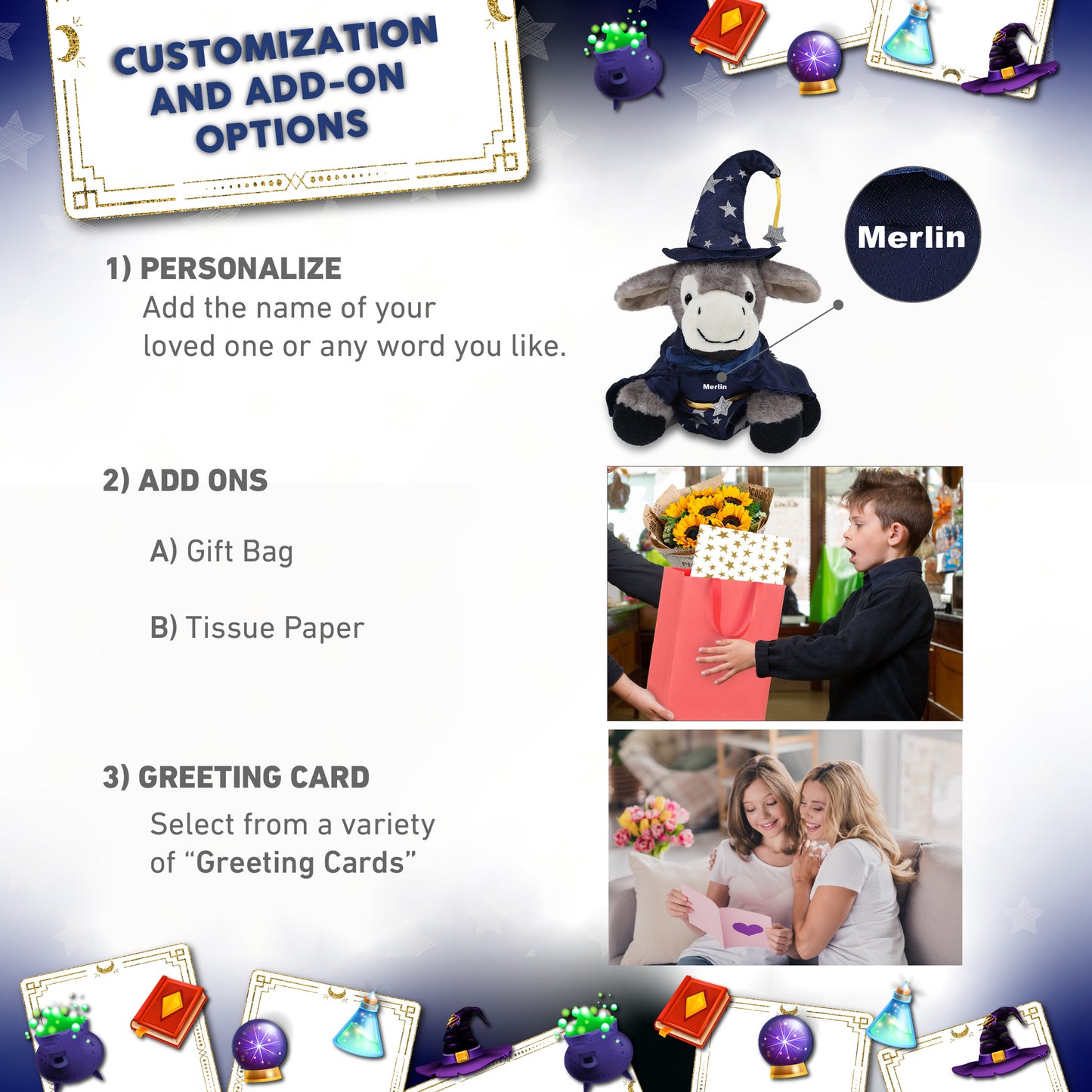 SUPER SOFT PLUSH - LYING GREY DONKEY WITH WIZARD DRESS UP