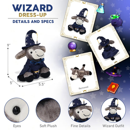 SUPER SOFT PLUSH - LYING GREY DONKEY WITH WIZARD DRESS UP