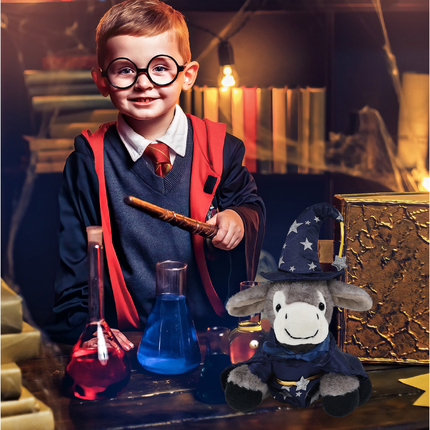 SUPER SOFT PLUSH - LYING GREY DONKEY WITH WIZARD DRESS UP