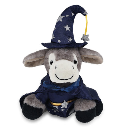 SUPER SOFT PLUSH - LYING GREY DONKEY WITH WIZARD DRESS UP