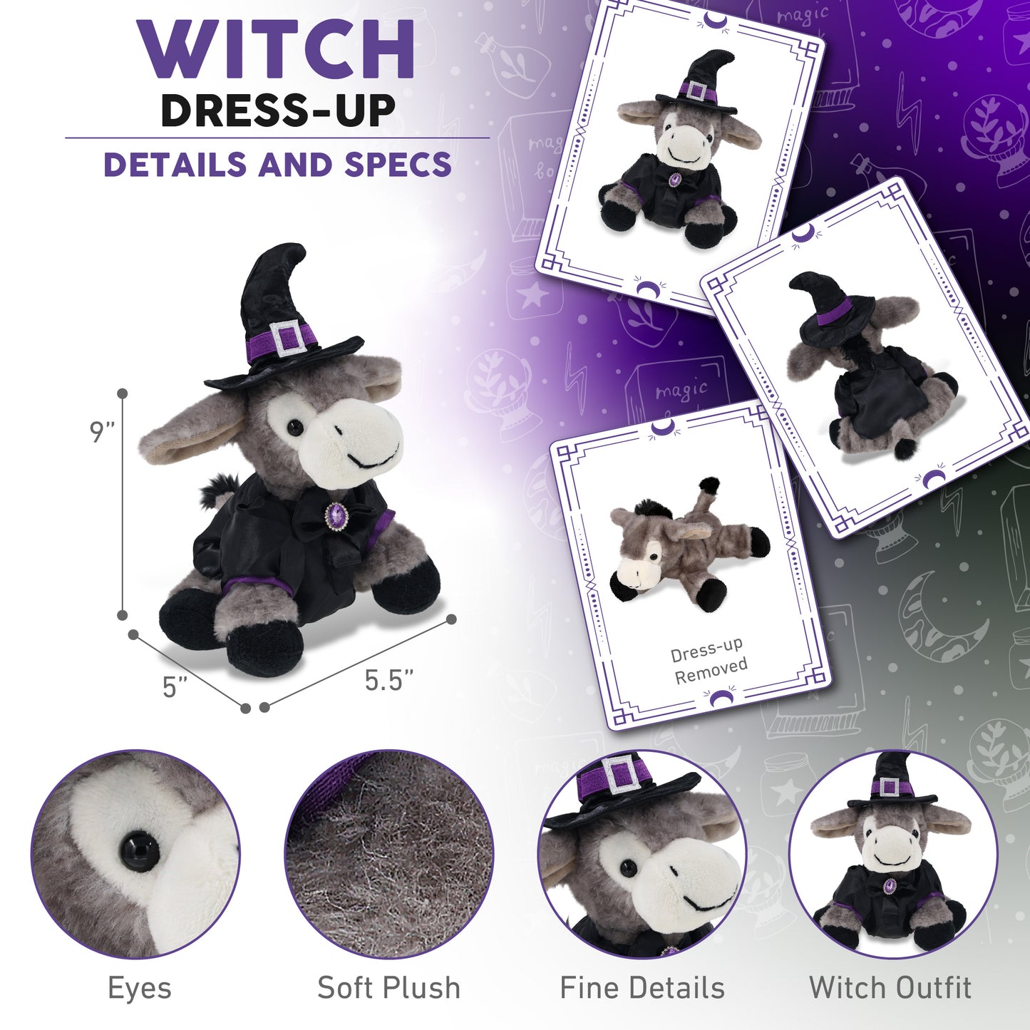 SUPER SOFT PLUSH - LYING GREY DONKEY WITH WITCH DRESS UP