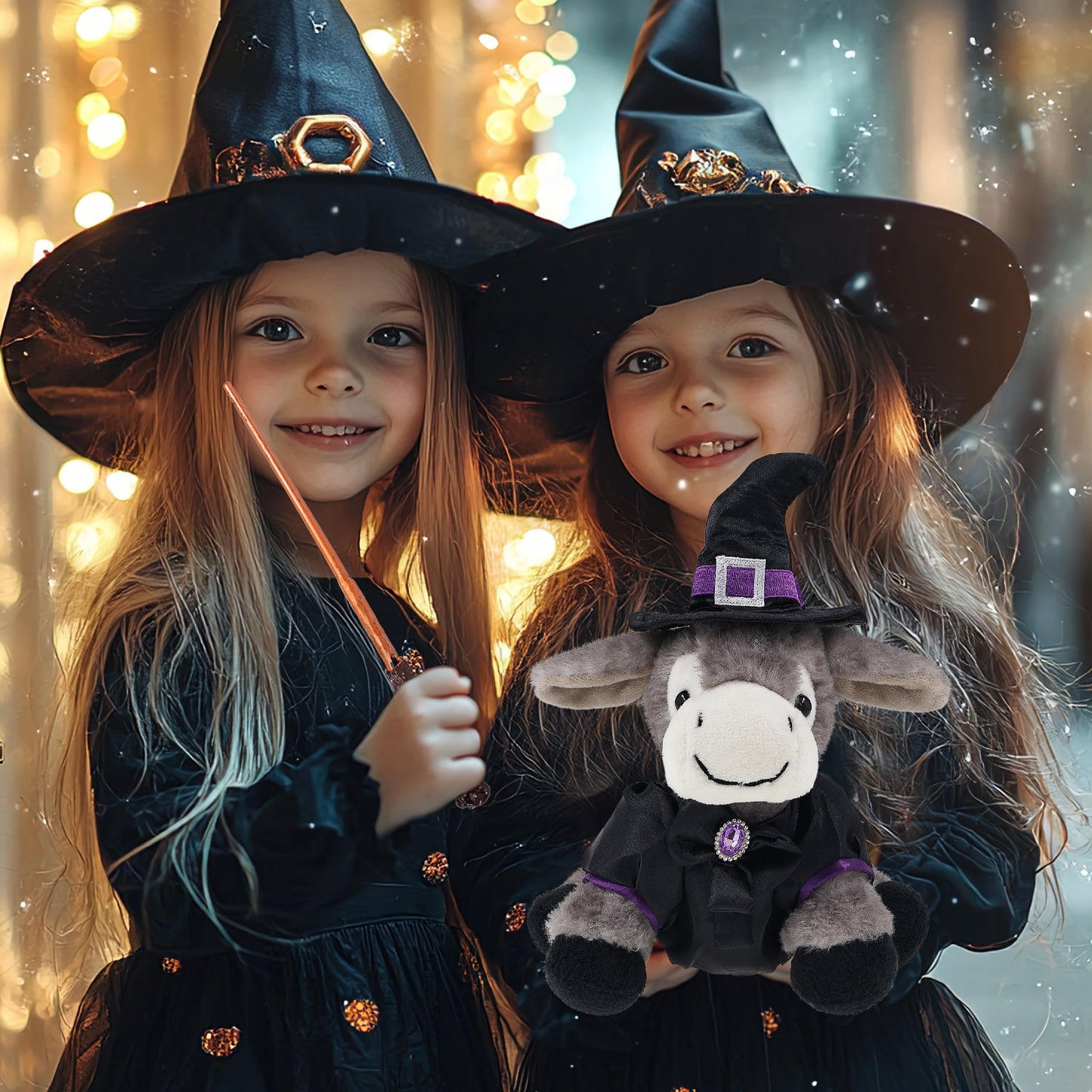 SUPER SOFT PLUSH - LYING GREY DONKEY WITH WITCH DRESS UP