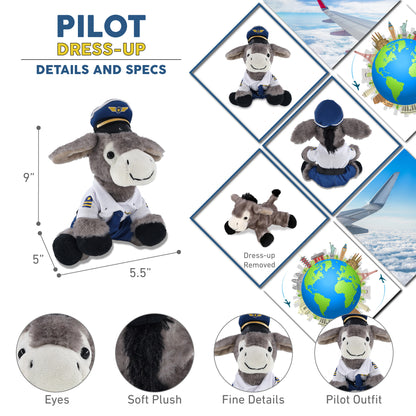 SUPER SOFT PLUSH - LYING GREY DONKEY WITH PILOT DRESS UP