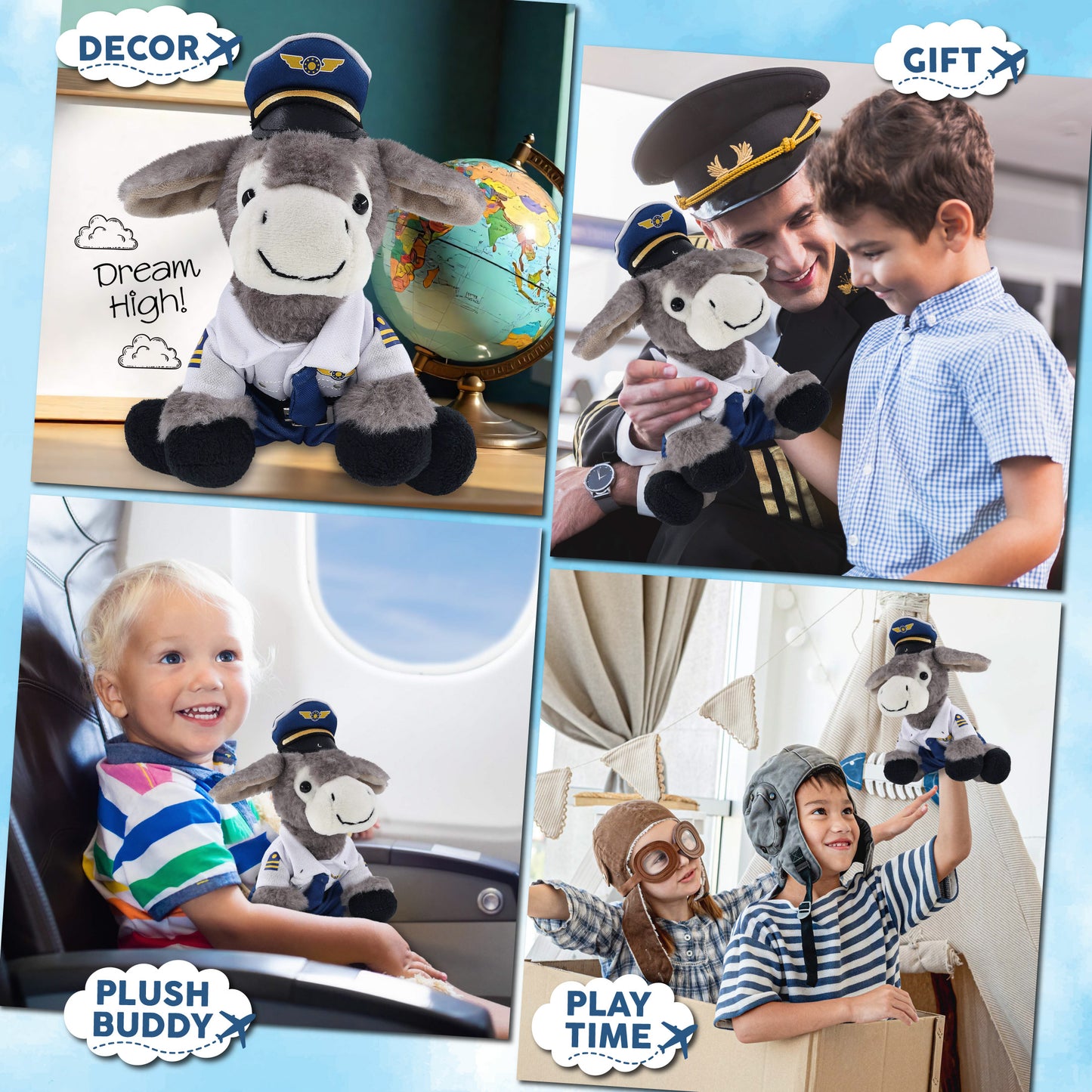 SUPER SOFT PLUSH - LYING GREY DONKEY WITH PILOT DRESS UP