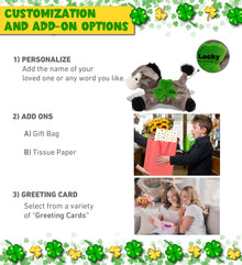 DolliBu Lying Grey Donkey Stuffed Animal with Green Plush Shamrock - 9 Inches