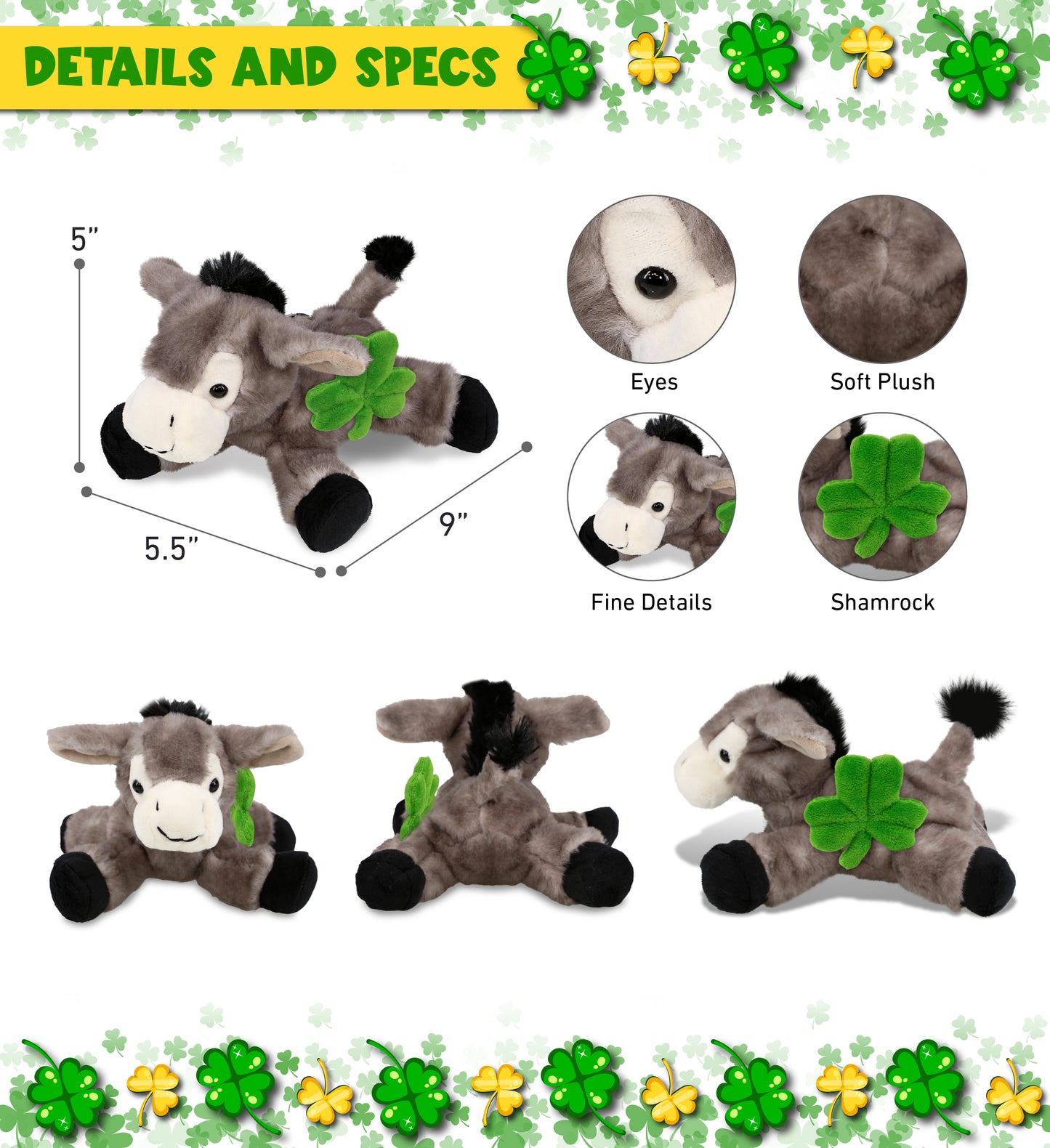DolliBu Lying Grey Donkey Stuffed Animal with Green Plush Shamrock - 9 Inches