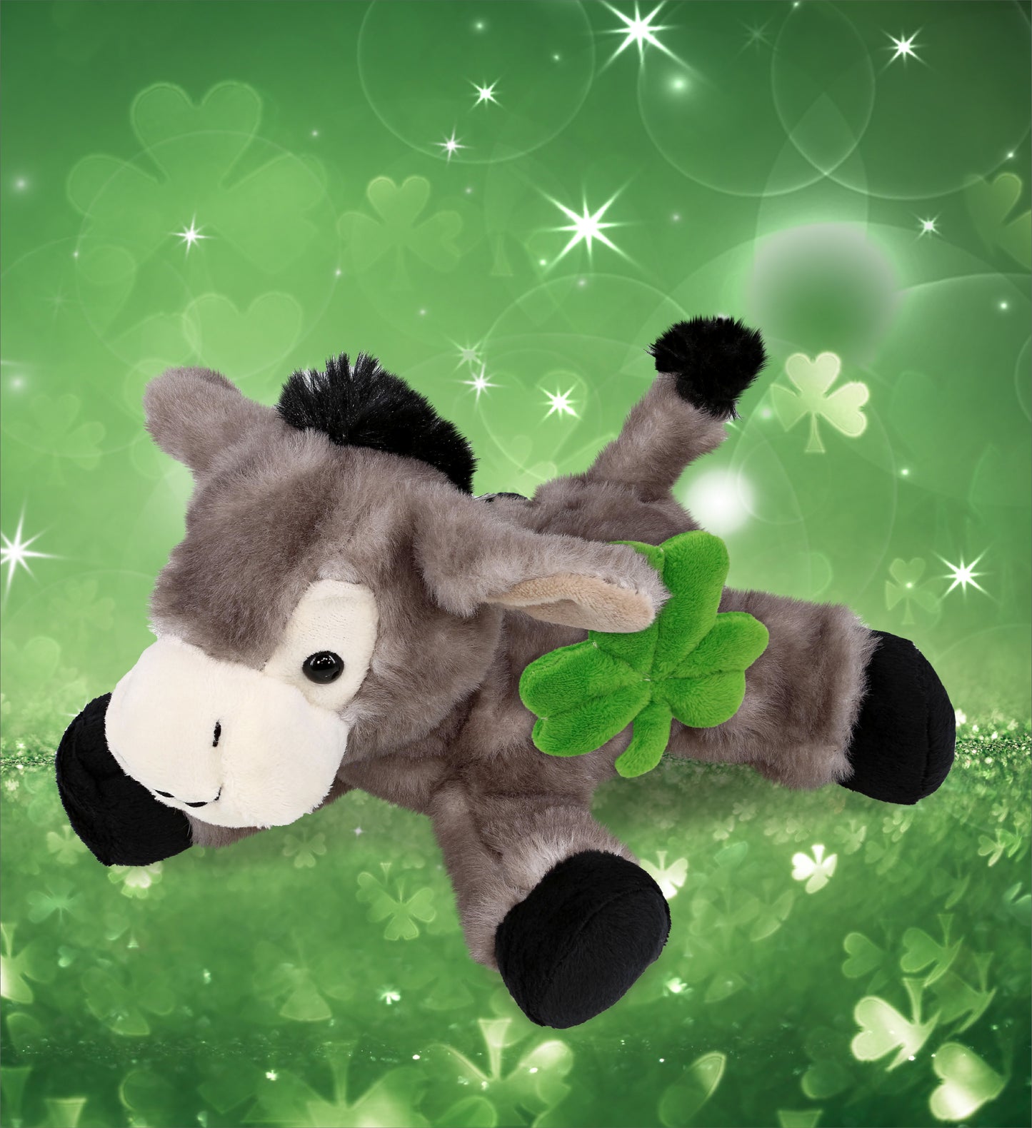 DolliBu Lying Grey Donkey Stuffed Animal with Green Plush Shamrock - 9 Inches
