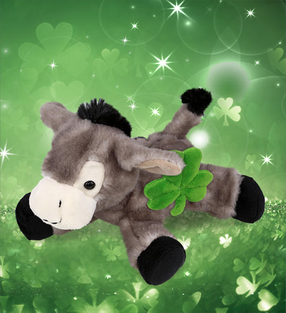 DolliBu Lying Grey Donkey Stuffed Animal with Green Plush Shamrock - 9 Inches