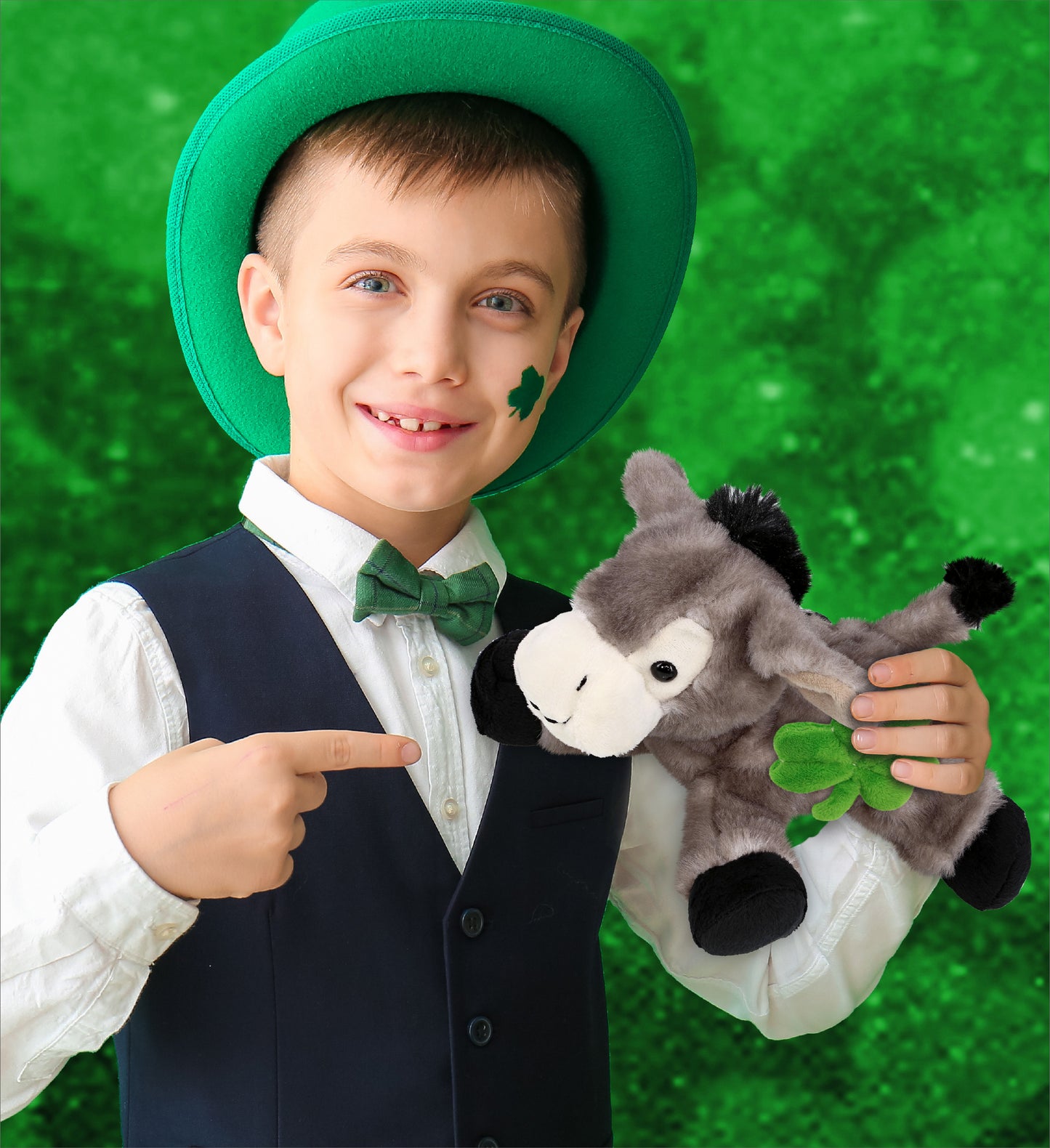 DolliBu Lying Grey Donkey Stuffed Animal with Green Plush Shamrock - 9 Inches