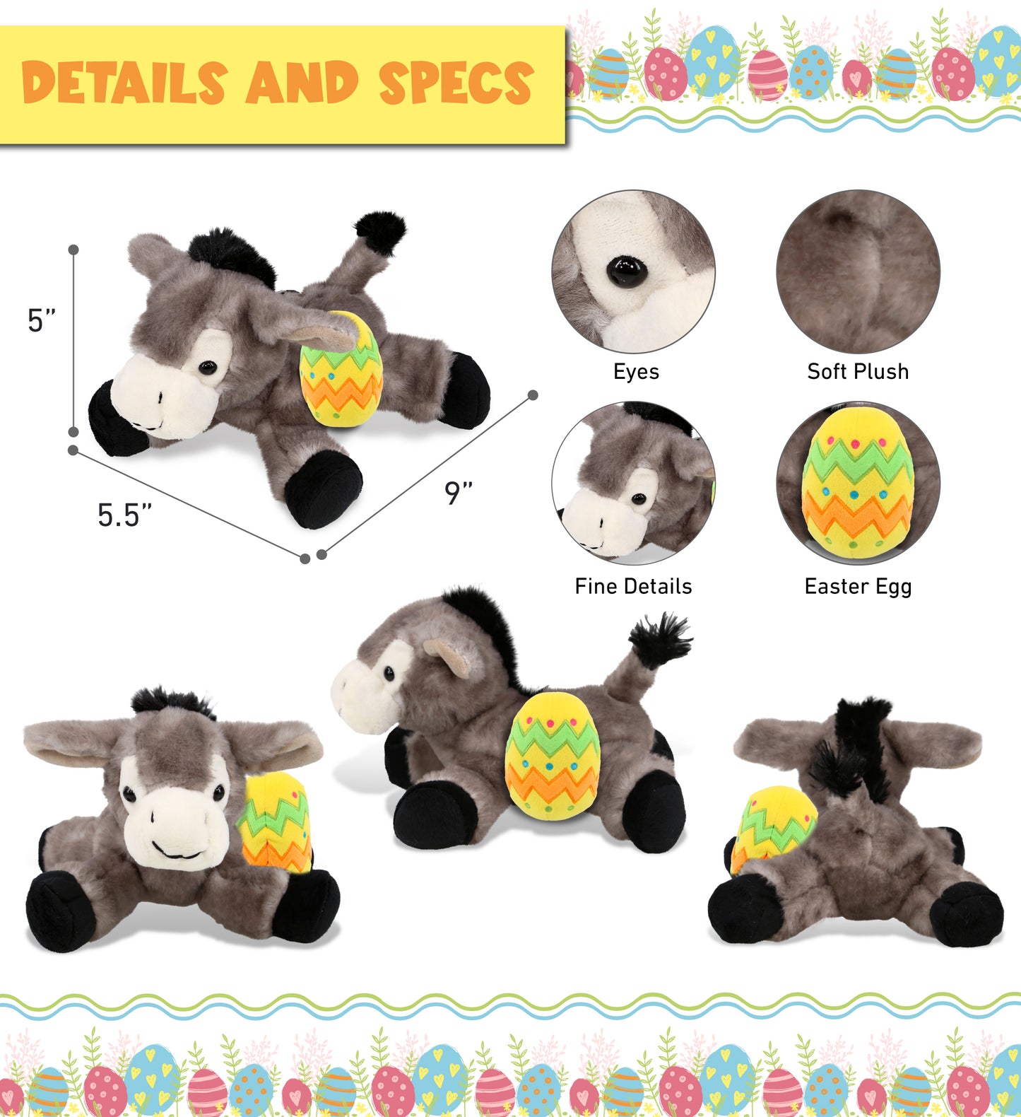 DolliBu Super Soft Lying Grey Donkey with Yellow Easter Egg Plush - 9 Inches
