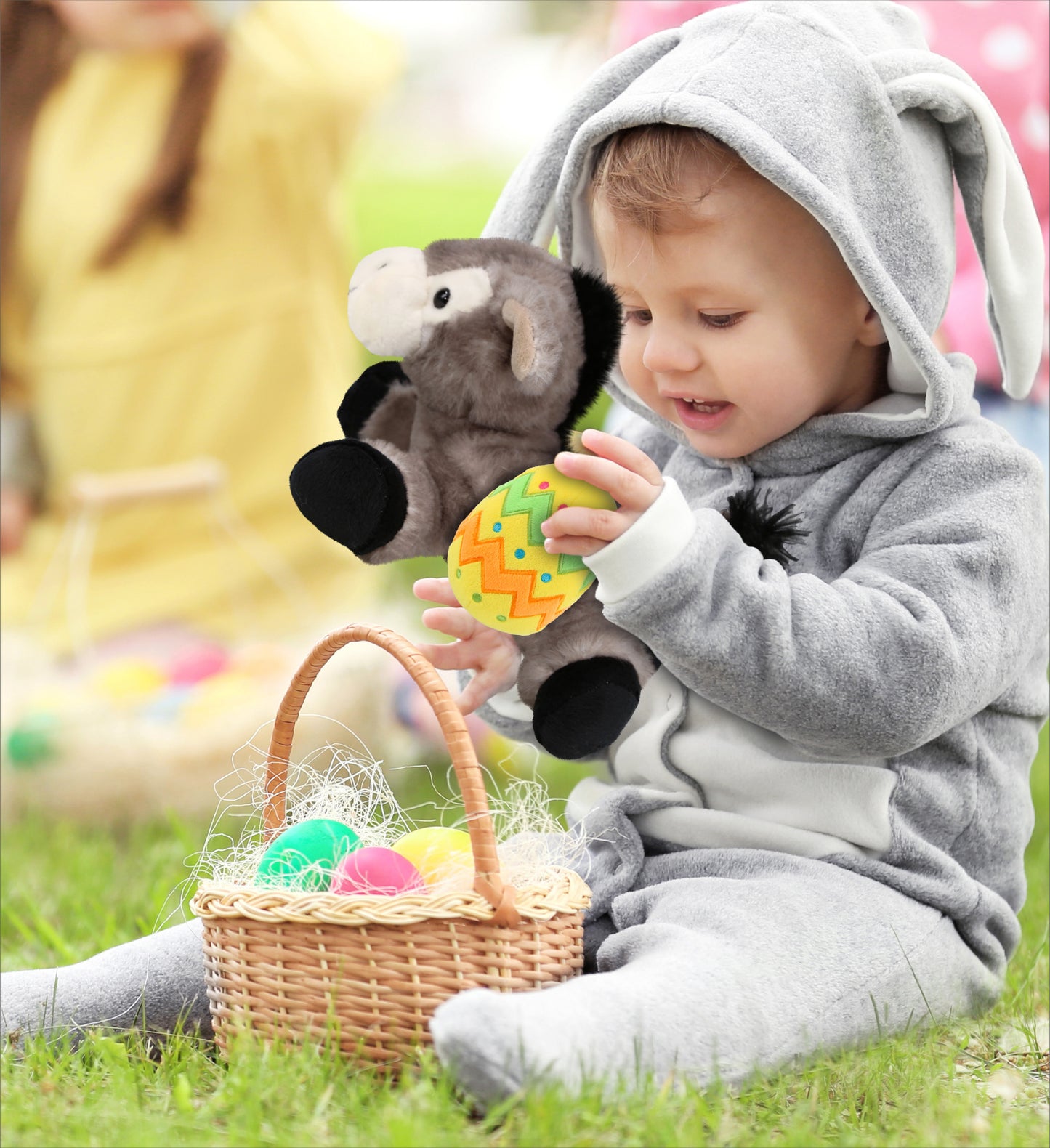 DolliBu Super Soft Lying Grey Donkey with Yellow Easter Egg Plush - 9 Inches