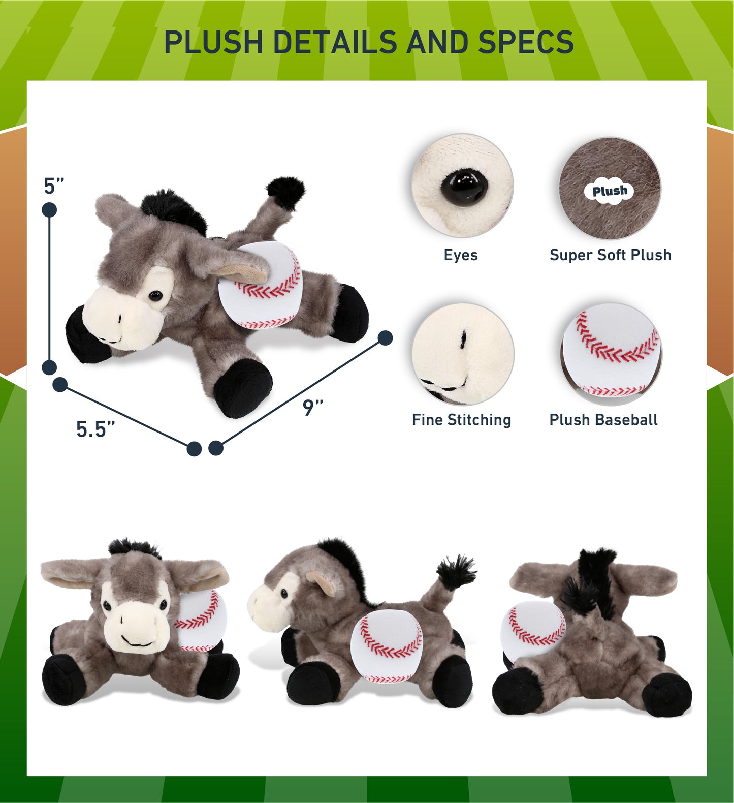 SUPER SOFT PLUSH - LYING GREY DONKEY WITH BASEBALL PLUSH