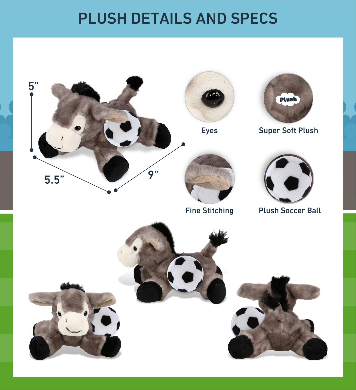 SUPER SOFT PLUSH - LYING GREY DONKEY WITH SOCCER PLUSH