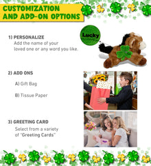 DolliBu Lying Brown Donkey Stuffed Animal with Green Plush Shamrock - 9 Inches