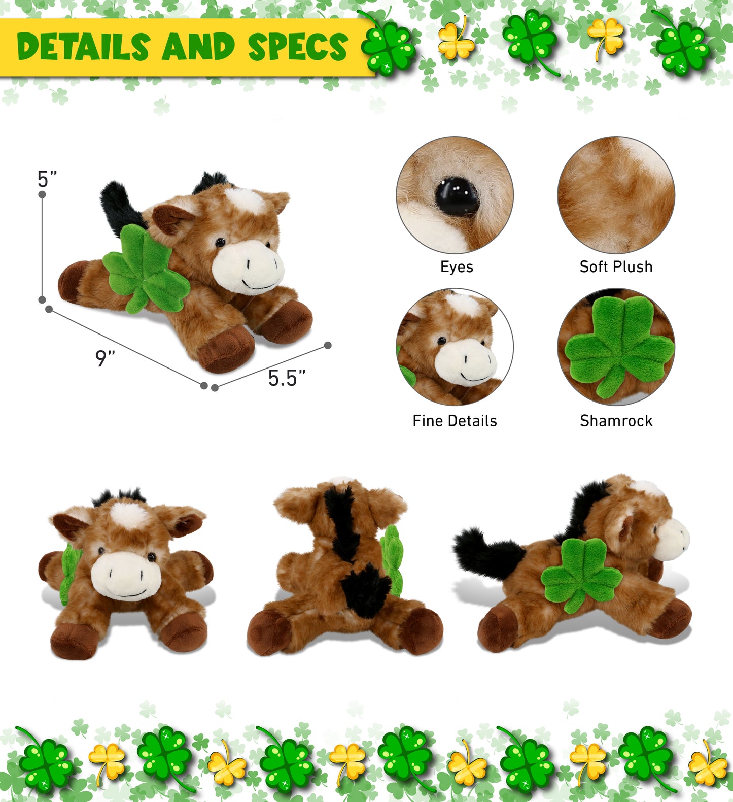 DolliBu Lying Brown Donkey Stuffed Animal with Green Plush Shamrock - 9 Inches