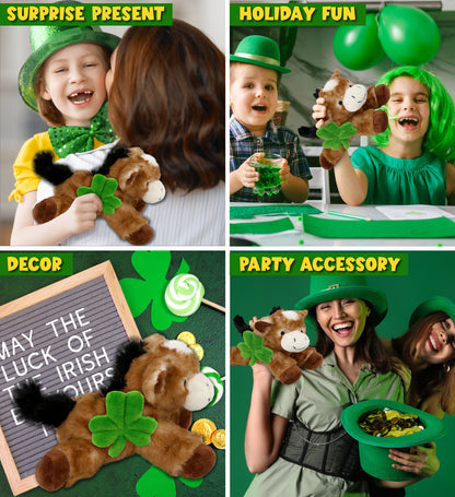 DolliBu Lying Brown Donkey Stuffed Animal with Green Plush Shamrock - 9 Inches