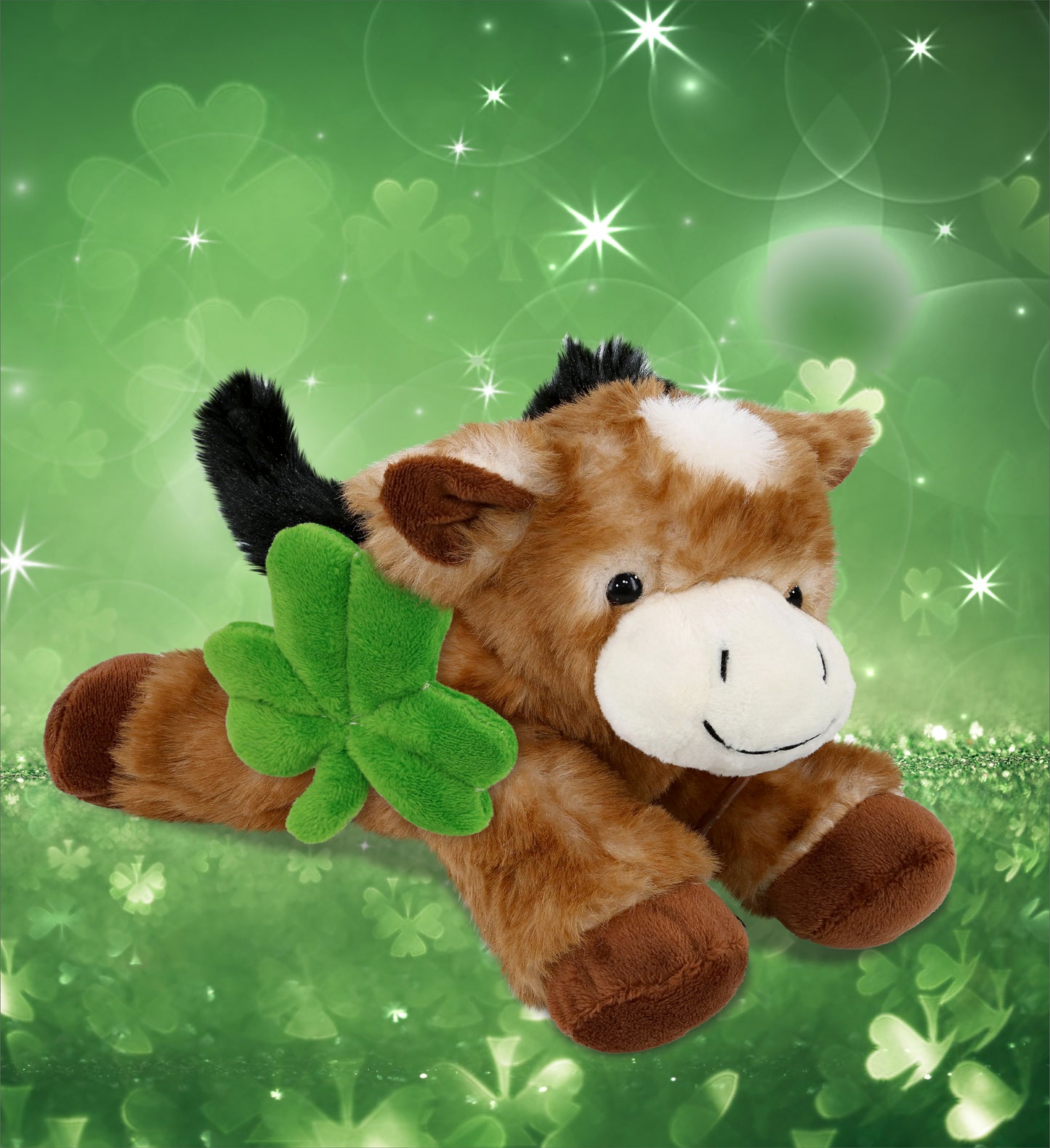 DolliBu Lying Brown Donkey Stuffed Animal with Green Plush Shamrock - 9 Inches