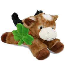 DolliBu Lying Brown Donkey Stuffed Animal with Green Plush Shamrock - 9 Inches