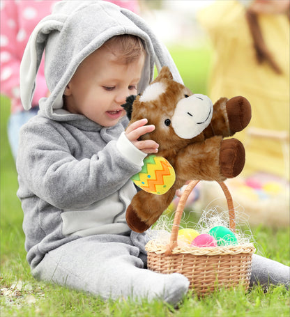 DolliBu Super Soft Lying Brown Donkey with Yellow Easter Egg Plush - 9 Inches