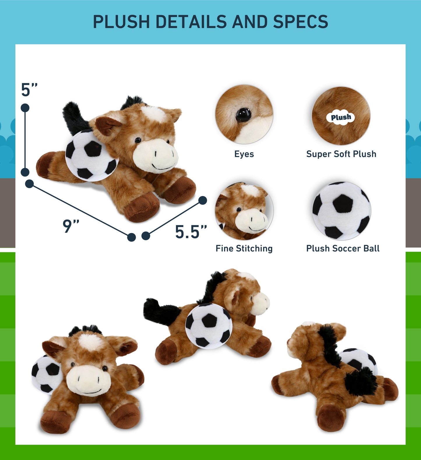SUPER SOFT PLUSH - LYING BROWN DONKEY WITH SOCCER PLUSH