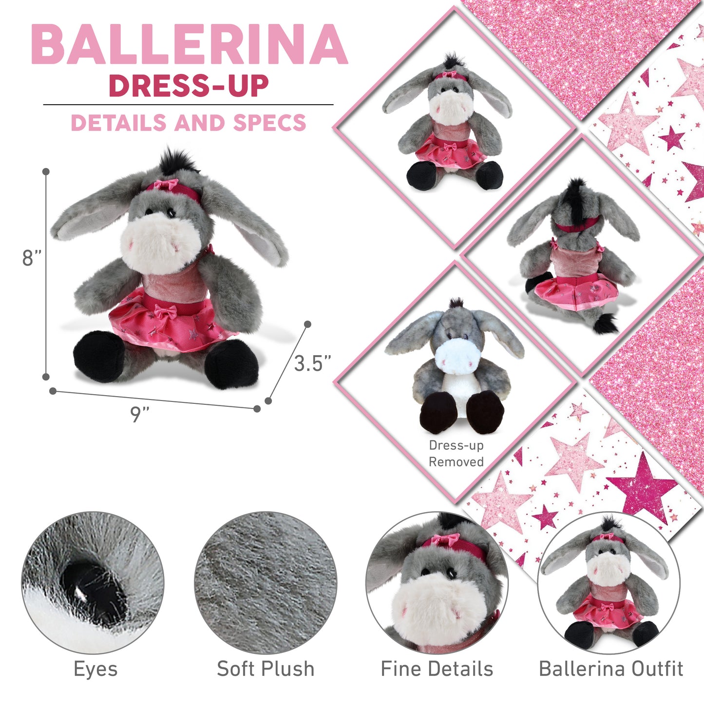 SUPER SOFT PLUSH - SITTING GREY DONKEY BALLERINA
